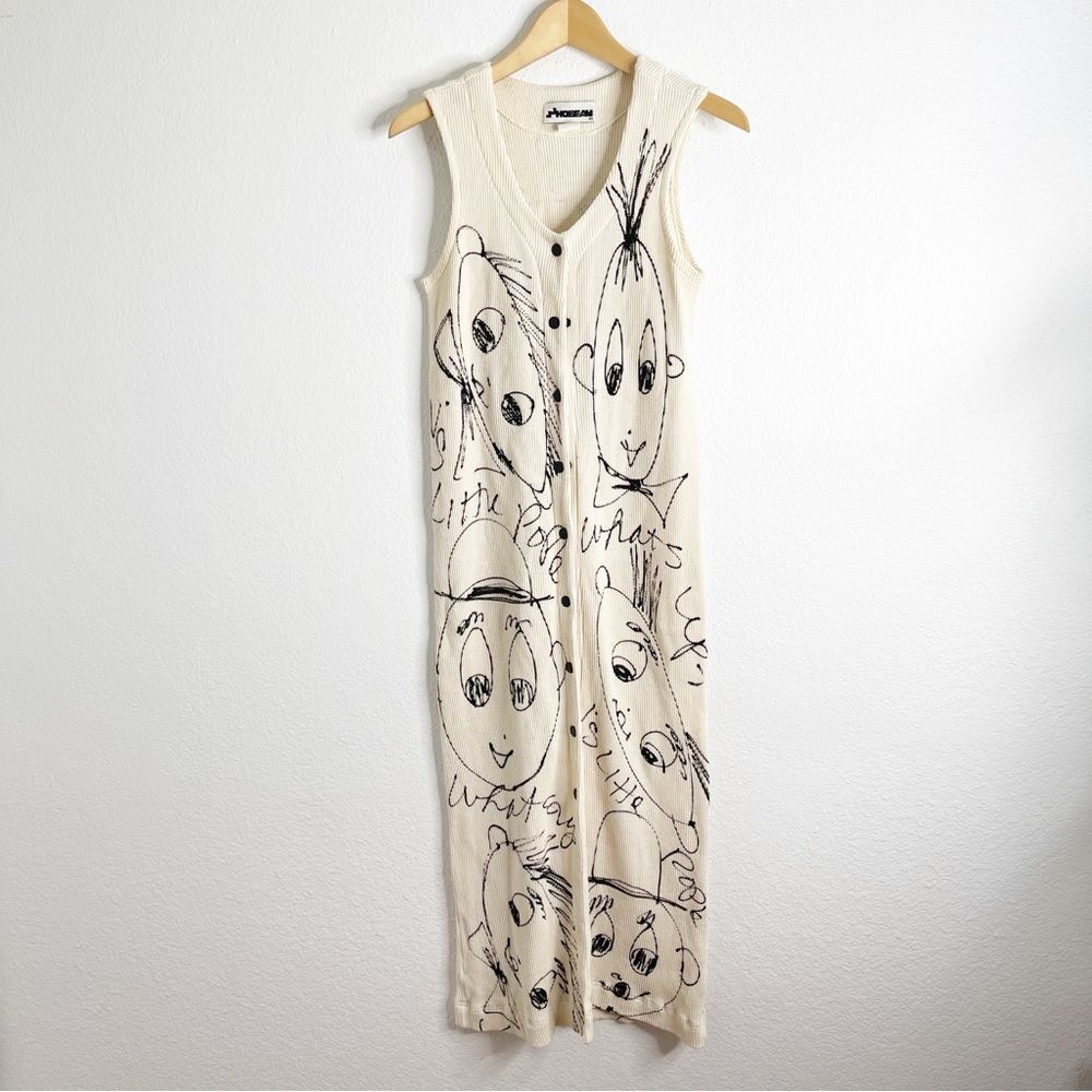 Vintage JJ Hobeau Hand Painted Faces Pop‎ Art Graffiti Waffle Knit Maxi Dress